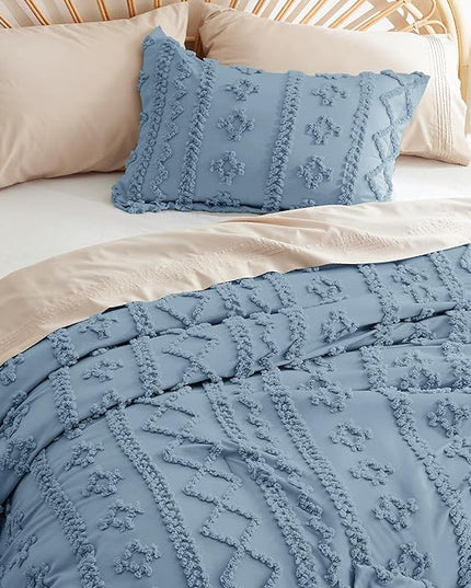 Bedsure Tufted Boho Comforter Set Full - Grayish Blue Boho Bedding Comforter Set, 3 Pieces Farmhouse Shabby Chic Embroidery Bed Set, Soft Jacquard Comforter for All Seasons - LeafyLoom