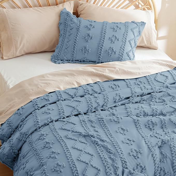 Bedsure Tufted Boho Comforter Set Full - Grayish Blue Boho Bedding Comforter Set, 3 Pieces Farmhouse Shabby Chic Embroidery Bed Set, Soft Jacquard Comforter for All Seasons - LeafyLoom