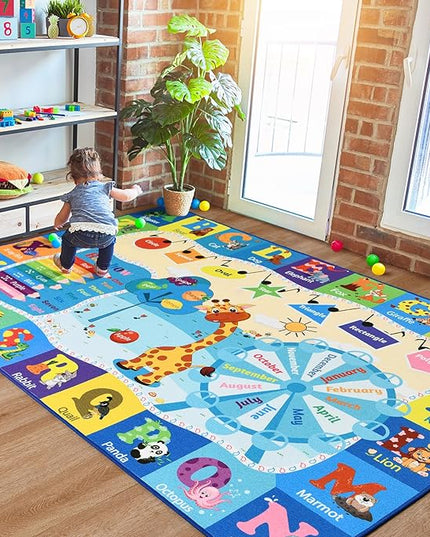 Kids Playroom Rug 4x6 Blue Rugs for Boys Girls Bedroom Child Play Mat Educational and Fun Baby Care Rugs,Learning Rug with ABC Alphabets Animals Shapes No-Slip Carpets for Children Toddler Washable - LeafyLoom