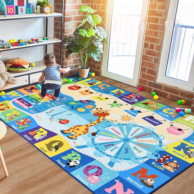 Kids Playroom Rug 4x6 Blue Rugs for Boys Girls Bedroom Child Play Mat Educational and Fun Baby Care Rugs,Learning Rug with ABC Alphabets Animals Shapes No-Slip Carpets for Children Toddler Washable - LeafyLoom
