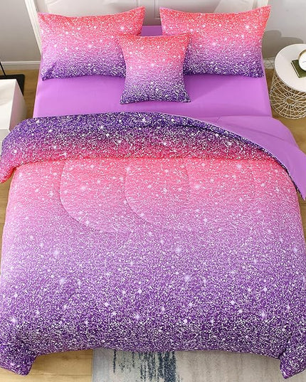 JQinHome Pink Purple Comforter Set Full/Queen Size, 6 Piece Bed in A Bag 3D Colorful Bedding Set for Girls Women (1 Comforter,2 Pillowcases,1 Flat Sheet,1 Fitted Sheet,1 Cushion Cover) - LeafyLoom