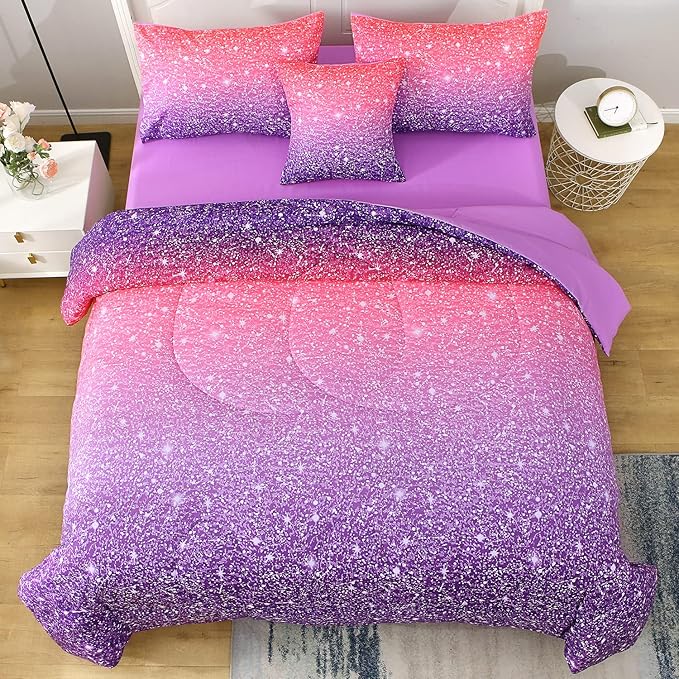 JQinHome Full Size Pink Purple Comforter Set, 6 Piece Bed in A Bag 3D Colorful Bedding Set for Girls Women - LeafyLoom