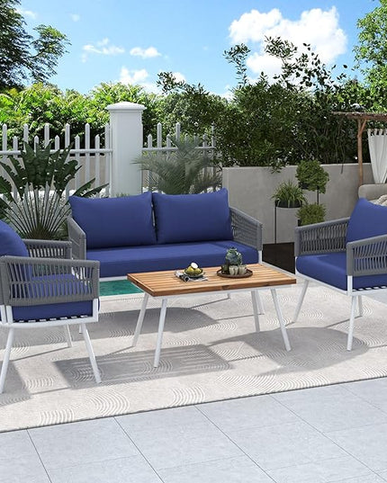 4-Piece Outdoor Patio Furniture Boho Rope Weave Set, Conversation Loveseat Sofa&Chairs with Acacia Wood Table and Thick Cushions, for Garden Backyard Balcony, Onesize, Navy Blue - LeafyLoom