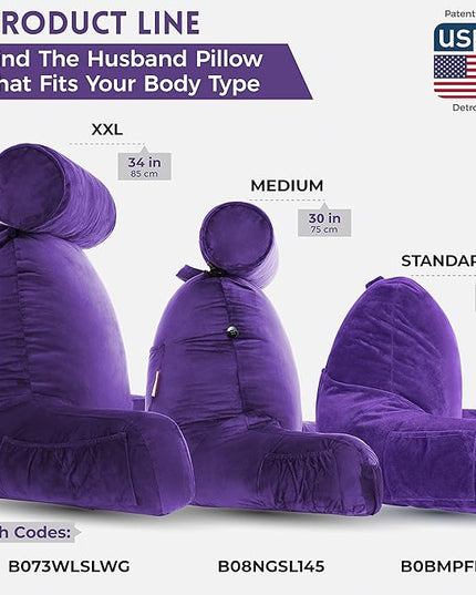 Husband Pillow XXL Purple Backrest with Arms - Adult Reading Pillow with Shredded Memory Foam, Ultra-Comfy Removable Microplush Cover & Detachable Neck Roll, Unmatched Support Bed Rest Sit Up Pillow - LeafyLoom
