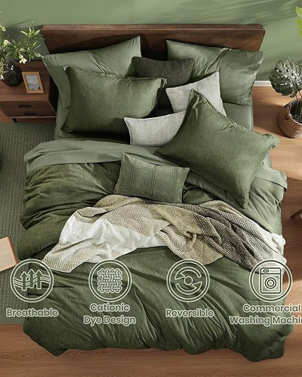 Monbix Full Size Comforter Set, Olive Green Bedding Comforter for Full Size Bed Set Reversible, Bedding Sets Full 7 Pieces, Cationic Dyeing Bed in a Bag with Comforter, Sheets, Pillowcases & Shams - LeafyLoom