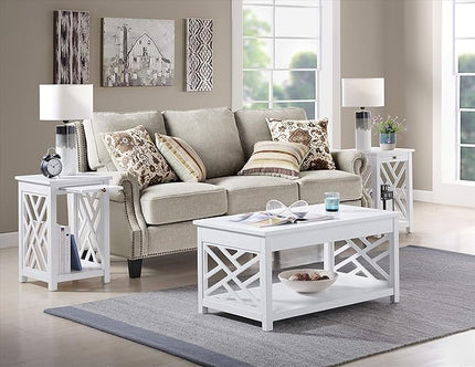 Alaterre Furniture Coventry 36" Coffee Two End Tables with Tray, Set of 3, White - LeafyLoom