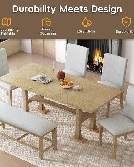 76Inch Dining Table Set for 6, Extendable Dining Table with 18inch Removable Leaf and Upholstered Dining Chair and Bench for Dining Room, Natural+Light Grey - LeafyLoom