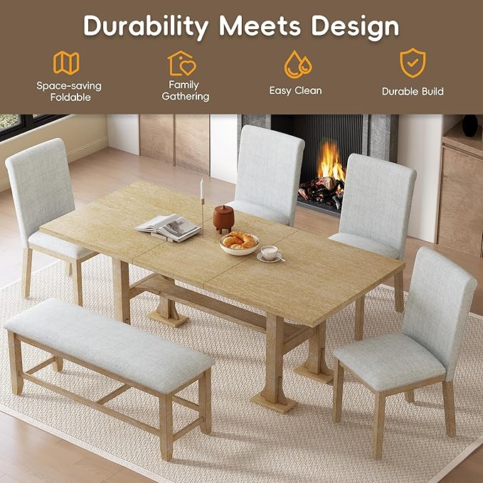 76Inch Dining Table Set for 6, Extendable Dining Table with 18inch Removable Leaf and Upholstered Dining Chair and Bench for Dining Room, Natural+Light Grey - LeafyLoom