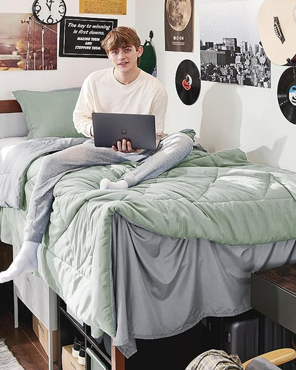 Bedsure Sage Green Twin XL Comforter Sets - 5 Pieces Reversible Twin XL Bedding Sets, Bed Sets Comforters, Sheets, Pillowcase & Sham, Grey XL Twin Bed in a Bag for College - LeafyLoom