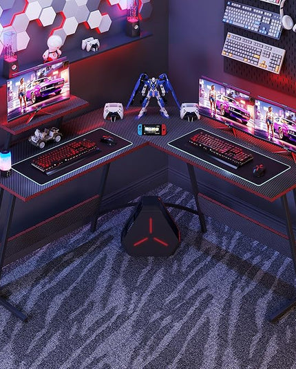 L Shaped Gaming Desk, 51 Inch Computer Corner Table with Large Monitor Stand & Carbon Fiber Surface for Home Office Study Writing Workstation, Black - LeafyLoom