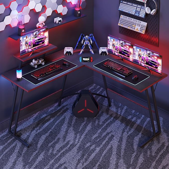 L Shaped Gaming Desk, 51 Inch Computer Corner Table with Large Monitor Stand & Carbon Fiber Surface for Home Office Study Writing Workstation, Black - LeafyLoom