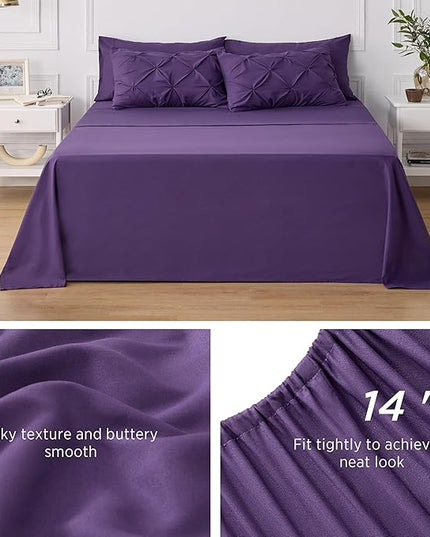 Bedsure King Size Comforter Set - Bedding Set King 7 Pieces, Pintuck Bed in a Bag Purple Bed Set with Comforter, Sheets, Pillowcases & Shams - LeafyLoom
