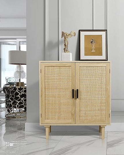 Finnhomy Sideboard Buffet Kitchen Storage Cabinet with Rattan Decorated Doors, Dining Room, Hallway, Cupboard Console Table, Liquor / Accent Cabinet, 31.5X 15.8X 34.6 Inches, Natural - LeafyLoom