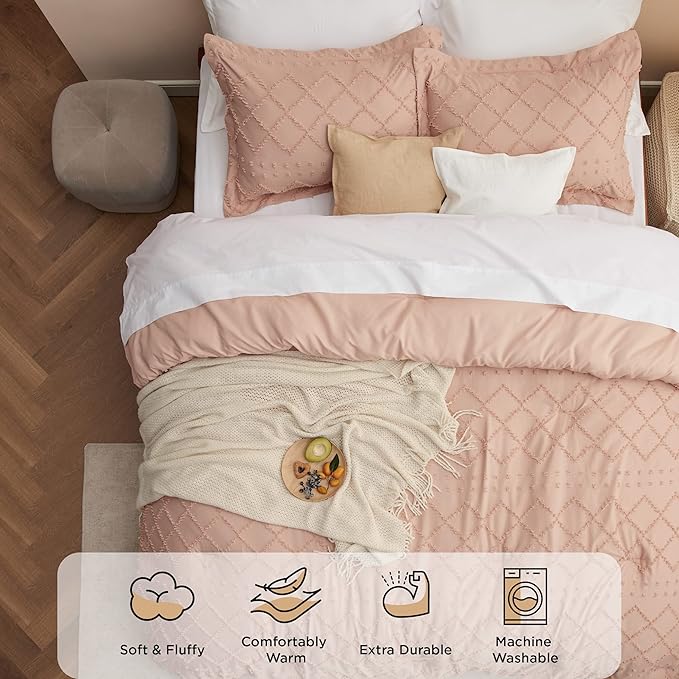 Bedsure Twin XL Comforter Set - Coral Pink Twin Extra Long Comforter Set for College, Shabby Chic Dorm Bedding Set, 2 Pieces Boho Farmhouse Bed Set, includes 1 Pillow Sham - LeafyLoom