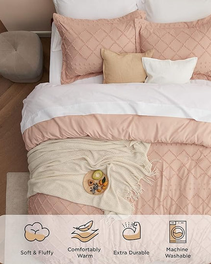 Bedsure Full Size Comforter Set - Coral Pink Comforter, Boho Tufted Shabby Chic Bedding Comforter Set, 3 Pieces Vintage Farmhouse Bed Set for All Seasons, Fluffy Bedding Set with 2 Pillow Shams - LeafyLoom