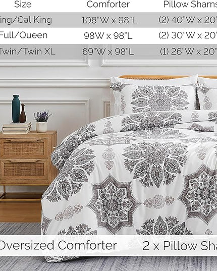 Southshore Fine Living, Inc. Oversized Full/Queen Comforter Bedding Set, Down Alternative Boho Bedspread, Paisley Floral Print Comforter, Full Size/Queen with 2 Matching Shams, Grey on White - LeafyLoom