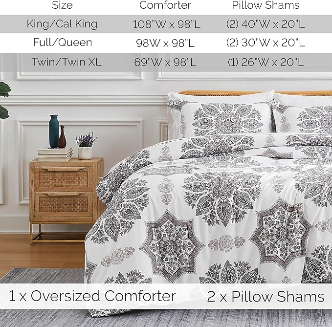 Southshore Fine Living, Inc. Oversized Full/Queen Comforter Bedding Set, Down Alternative Boho Bedspread, Paisley Floral Print Comforter, Full Size/Queen with 2 Matching Shams, Grey on White - LeafyLoom
