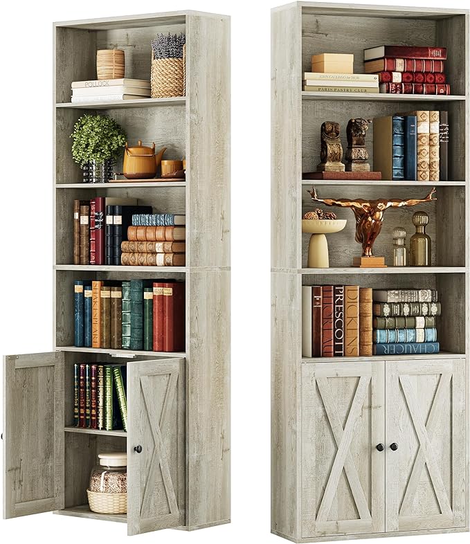 IRONCK Industrial Bookshelves and Bookcases with Doors Set of 2 Floor Standing 6 Shelf Display Storage Shelves 70 in Tall Bookcase for Home Office, Living Room - LeafyLoom