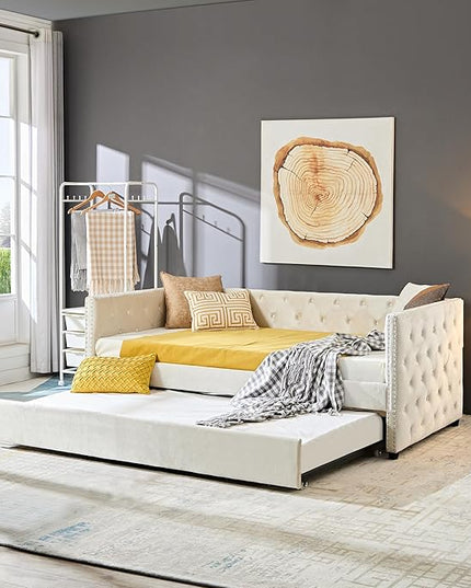 Twin Size Velvet Upholstered Daybed with Twin Trundle, Solid Wood Sofa Bed w/Button Tufted Backrest, for Living Room, Bedroom, Dorm, No Box Spring Needed, Space-Saving Design, Beige - LeafyLoom