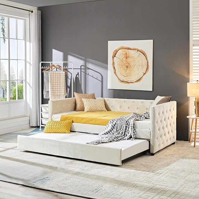 Twin Size Velvet Upholstered Daybed with Twin Trundle, Solid Wood Sofa Bed w/Button Tufted Backrest, for Living Room, Bedroom, Dorm, No Box Spring Needed, Space-Saving Design, Beige - LeafyLoom