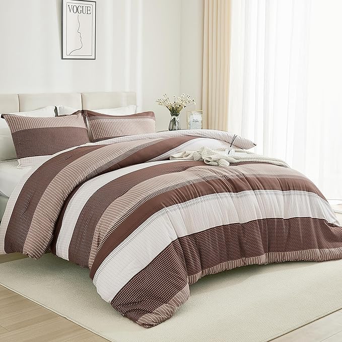 Litanika Brown Comforter Set King - 3 Pieces Lightweight Brown White Colorblock Stripe Fluffy Bedding Comforter Sets, All Season Bed Set - LeafyLoom