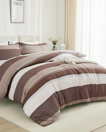 Litanika Brown Comforter Set Twin/Twin XL - 2 Pieces Lightweight Brown White Colorblock Stripe Fluffy Bedding Comforter Sets, All Season Bed Set - LeafyLoom