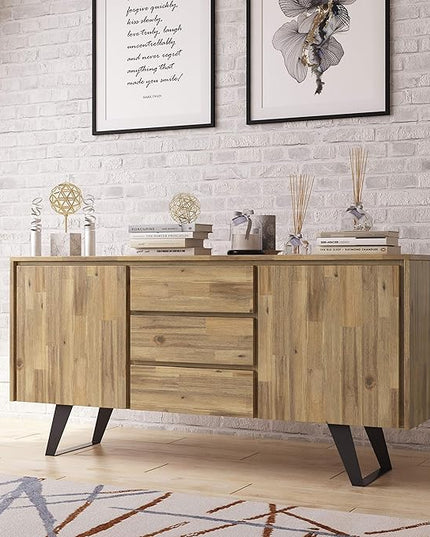 SIMPLIHOME Lowry SOLID ACACIA WOOD and Metal 60 Inch Wide Rectangle Modern Industrial Sideboard Buffet in Distressed Golden Wheat, For the Dining Room and Kitchen - LeafyLoom
