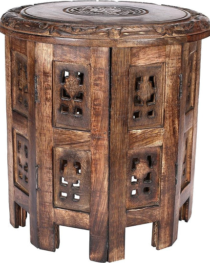 Light & Pro Burnt Round End Table, 12x12 - Octangle, 12 Inch High, Mango Wood, Bohemian Style, 10 lbs Load Capacity - LeafyLoom