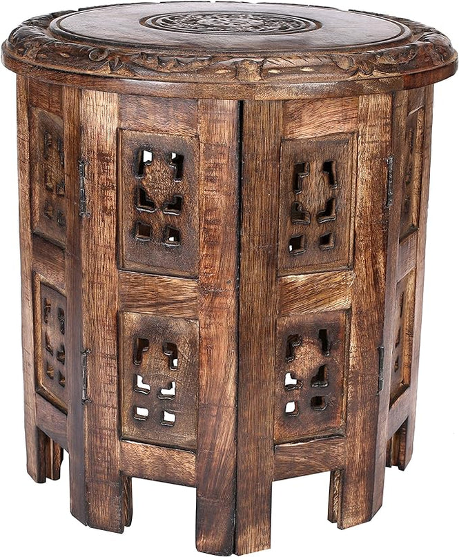 Light & Pro Burnt Round End Table, 12x12 - Octangle, 12 Inch High, Mango Wood, Bohemian Style, 10 lbs Load Capacity - LeafyLoom