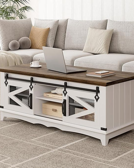 IDEALHOUSE Farmhouse Coffee Table with Storage 48'' Center Table Industrial Cocktail Table with Sliding Barn Doors Modern Rectangular Living Room Table Rustic Coffee Table with Adjustable Shelves - LeafyLoom