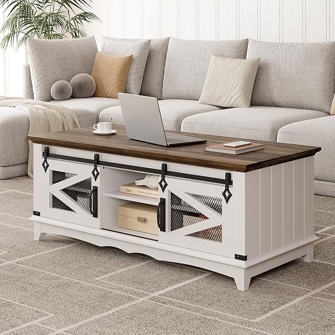 IDEALHOUSE Farmhouse Coffee Table with Storage 48'' Center Table Industrial Cocktail Table with Sliding Barn Doors Modern Rectangular Living Room Table Rustic Coffee Table with Adjustable Shelves - LeafyLoom