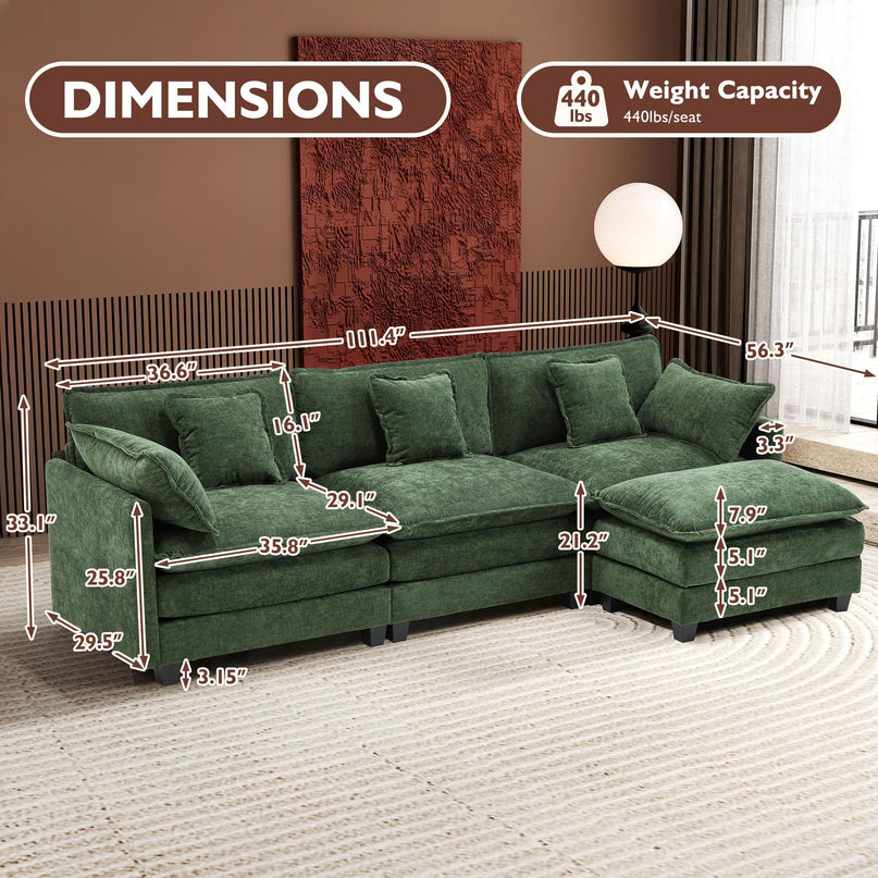 Ihanherry 111.4" L Shaped Modern Sofa Modular Sectional Cloud Couch with Ottoman, 4-Seat Chenille Deep Seat Sofa with Pillow for Living Room, Bedroom and Apartment, Beige LeafyLoom