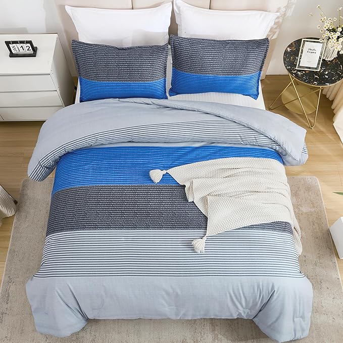 Litanika Bed Comforter Queen Set Grey Blue, Striped Bedding Comforter Set, 3 Pieces Lightweight Soft All Season Down Alternative Comforter (1 Comforter, 2 Pillowcases) - LeafyLoom