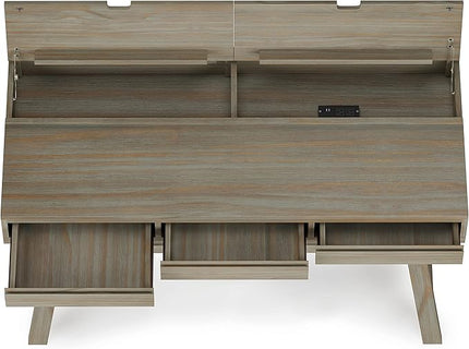 SIMPLIHOME Bowman SOLID WOOD Modern Industrial 54 Inch Wide Flip Up Desk in Distressed Grey, For the Office Desk, Writing Table, Workstation and Study Table - LeafyLoom