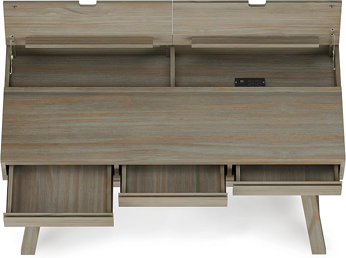 SIMPLIHOME Bowman SOLID WOOD Modern Industrial 54 Inch Wide Flip Up Desk in Distressed Grey, For the Office Desk, Writing Table, Workstation and Study Table - LeafyLoom