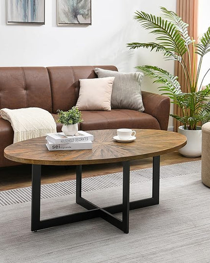 Solid Wood Oval Coffee Table with Cross Metal Legs, 47.9" Industrail Bar Cocktail Table for Living Room Kitchen Office Sofa Table Bristro Table for Cafe/Bar Rustic Brown 1831 - LeafyLoom