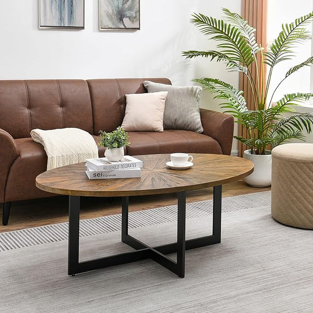 Solid Wood Oval Coffee Table with Cross Metal Legs, 47.9" Industrail Bar Cocktail Table for Living Room Kitchen Office Sofa Table Bristro Table for Cafe/Bar Rustic Brown 1831 - LeafyLoom
