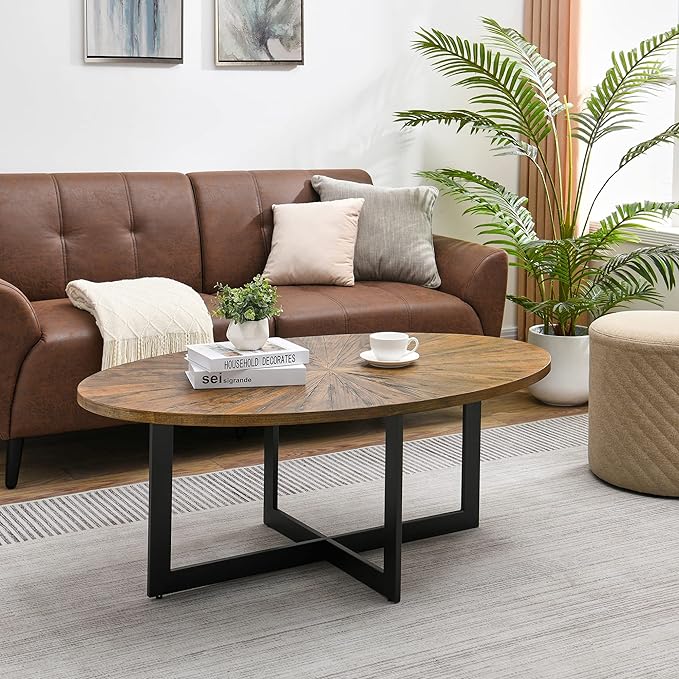 Solid Wood Oval Coffee Table with Cross Metal Legs, 47.9" Industrail Bar Cocktail Table for Living Room Kitchen Office Sofa Table Bristro Table for Cafe/Bar Rustic Brown 1831 - LeafyLoom