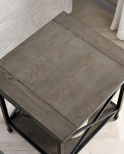 Leick Home 23007 Chisel & Forge One Drawer X Design Mixed Metal and Wood Side Table with Shelf, Smoke Gray and Matte Black, 22 in x 24 in x 24 in - LeafyLoom