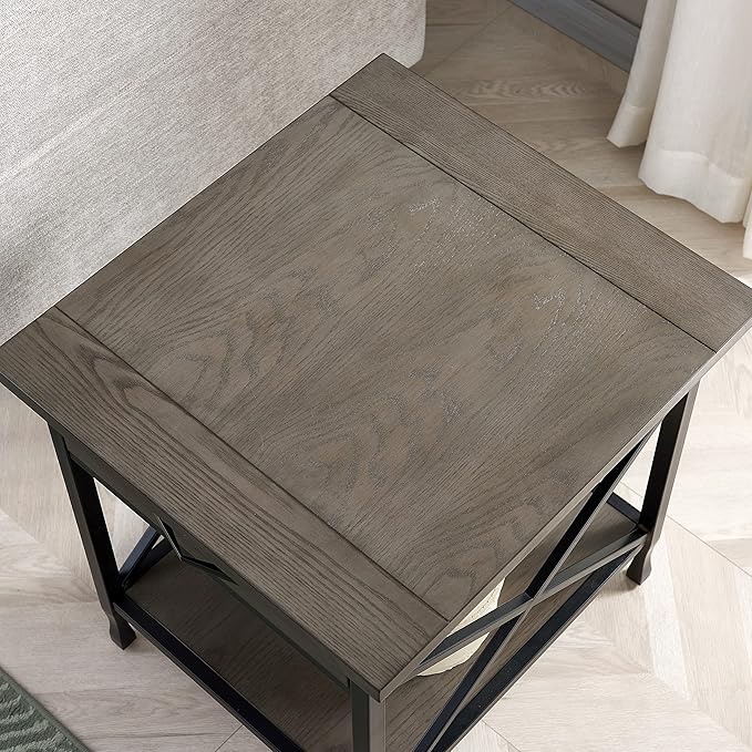 Leick Home 23007 Chisel & Forge One Drawer X Design Mixed Metal and Wood Side Table with Shelf, Smoke Gray and Matte Black, 22 in x 24 in x 24 in - LeafyLoom