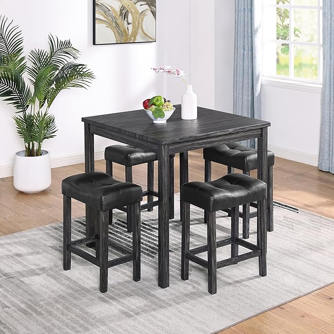 RITSU 5 Piece Industrial Bistro Dining Set, Square Breakfast Table + 4 Upholstered Stools, for Living, Small Apartment, Kitchen, Farmhouse, Game Room, Black - LeafyLoom