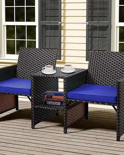 Shintenchi Wicker Patio Conversation Furniture Set with Detachable Chairs & Table and Two Removable Cushions,Rattan Wicker Lover Chair for Patio,Garden, Courtyard and Lawn Backyard (Deep Blue) - LeafyLoom