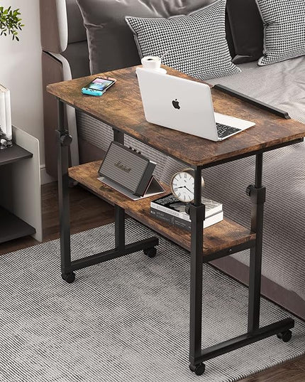 Small Portable Rolling Computer Desk Height Adjustable Standing Table, Brown - LeafyLoom