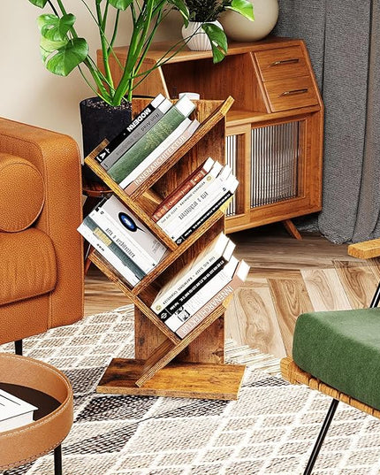 YMYNY 4 Tier Tree Bookshelf, Small Bookcase, Modern Wood Book Storage Rack, Freestanding Book shelf for Books/Movies/CDs, Narrow Display Rack for Living Room, Home Office, Rustic Brown UHBC014H - LeafyLoom