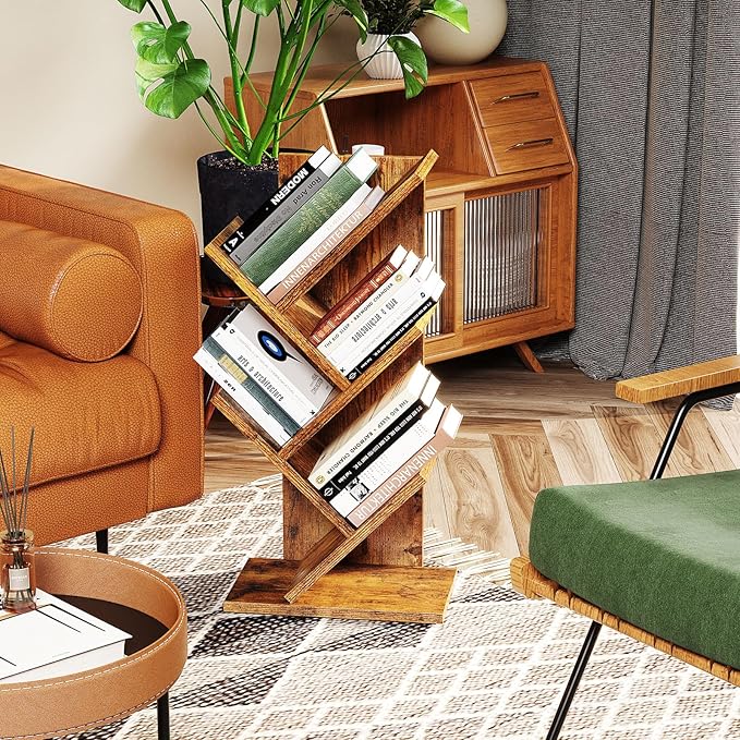 YMYNY 4 Tier Tree Bookshelf, Small Bookcase, Modern Wood Book Storage Rack, Freestanding Book shelf for Books/Movies/CDs, Narrow Display Rack for Living Room, Home Office, Rustic Brown UHBC014H - LeafyLoom