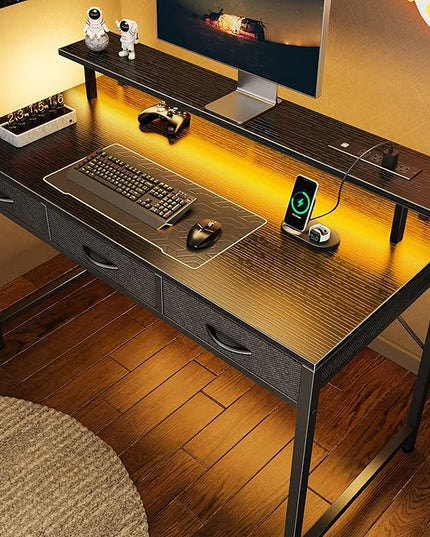 47 inch Computer Desk with 3 Drawers, Office Desk Gaming Desk with LED Lights & Power Outlets, Home Office Desks with Storage Space for Bedroom, Work from Home, Black - LeafyLoom