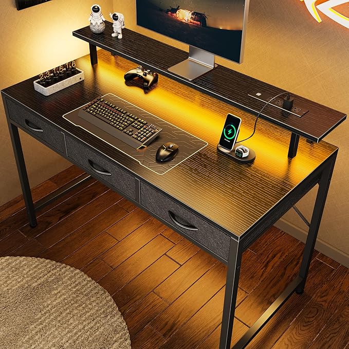 47 inch Computer Desk with 3 Drawers, Office Desk Gaming Desk with LED Lights & Power Outlets, Home Office Desks with Storage Space for Bedroom, Work from Home, Black - LeafyLoom