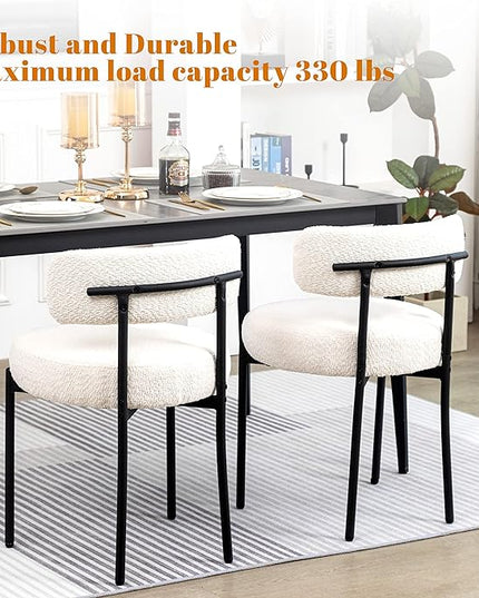 DYHOME Dining Chairs Set of 6, White Boucle Dining Chairs for Kitchen, Dining Room Chairs Curved Backrest Upholstered Mid Century Modern Dining Chairs with Black Metal Legs - LeafyLoom