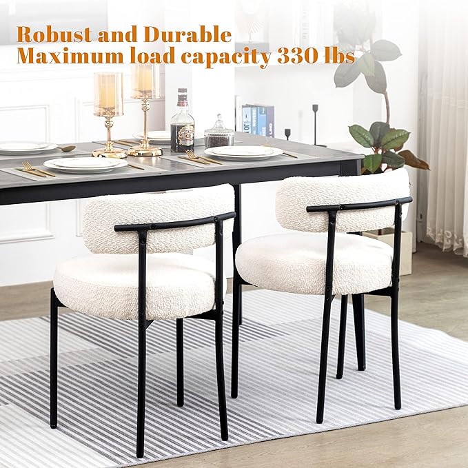 DYHOME Dining Chairs Set of 6, White Boucle Dining Chairs for Kitchen, Dining Room Chairs Curved Backrest Upholstered Mid Century Modern Dining Chairs with Black Metal Legs - LeafyLoom