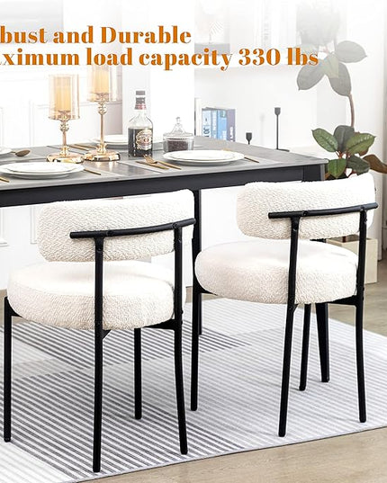 DYHOME Dining Chairs Set of 4, White Modern Upholstered Kitchen Dining Room Chairs, Boucle Dining Chairs Curved Backrest, Mid Century Kitchen Chairs with Black Metal Legs - LeafyLoom